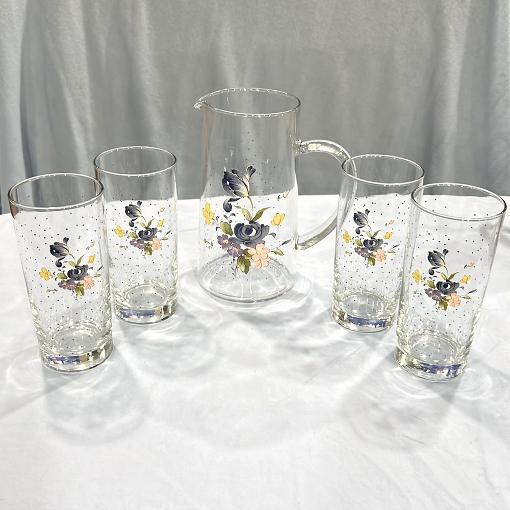 Blue Peony by Nikko; 4 14oz water glasses: 1 40oz glass pitcher